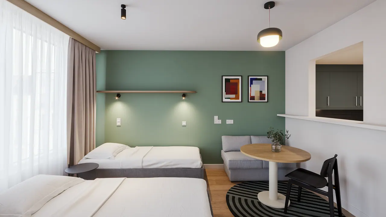 Apartmenthotel in München — Zweibettzimmer, 3D-Visualisierung