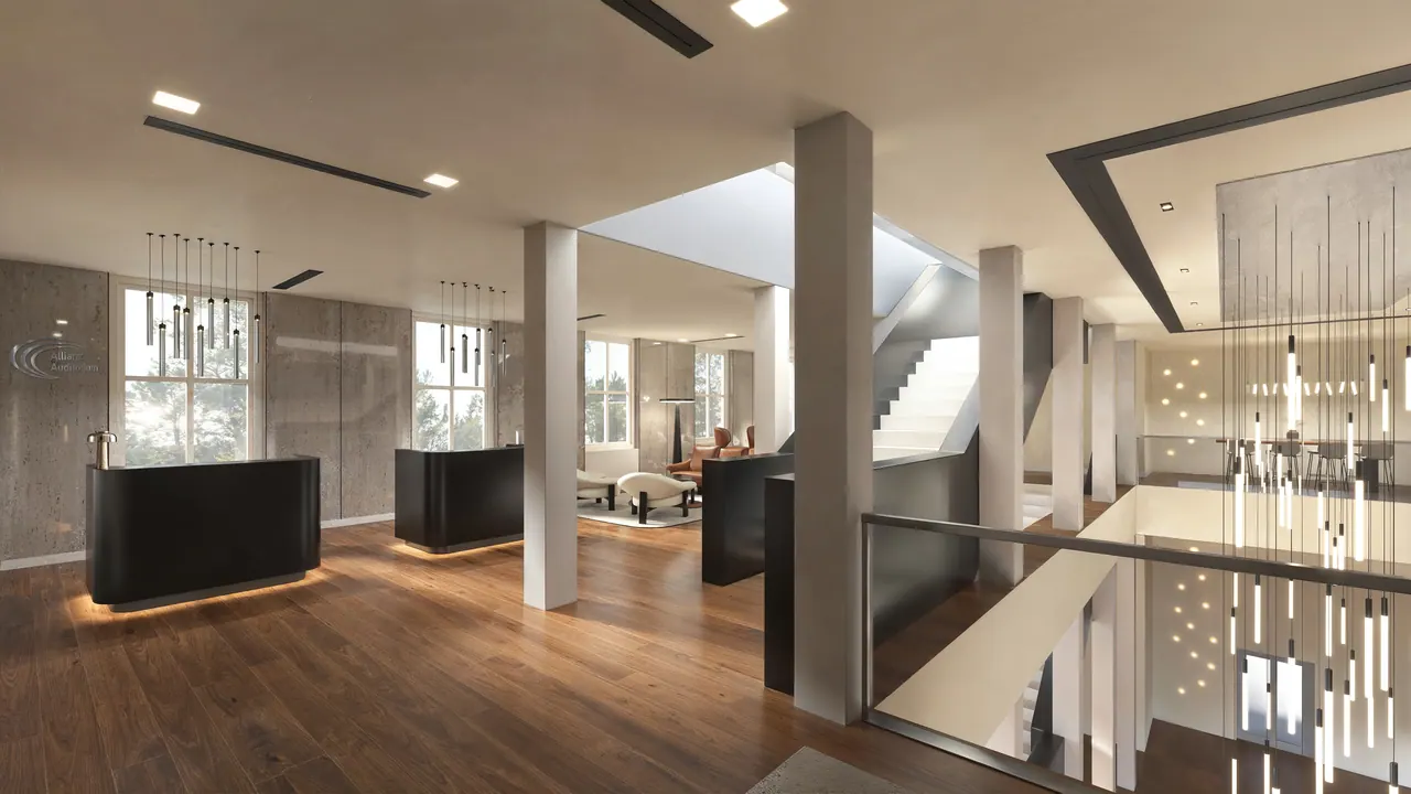 Bürogebäude: Empfang und Lounge — Empfang und Lounge, 3D-Visualisierung