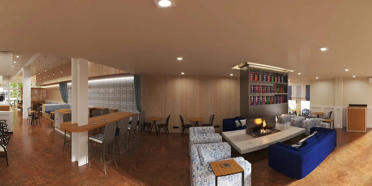 Café-Lounge mit Kamin — Ansicht, 3D-Visualisierung