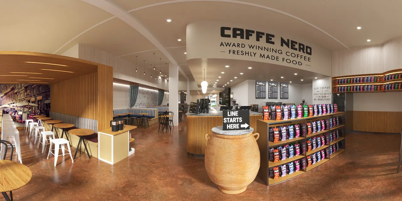 Café-Lounge mit Kamin — Ansicht, 3D-Visualisierung