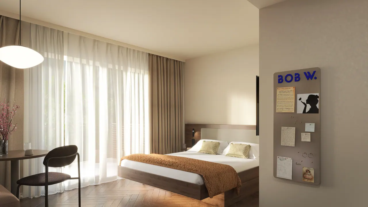 Hotel: Gemeinschaftsküche, Zimmer und Bad — Zimmer, 3D-Visualisierung