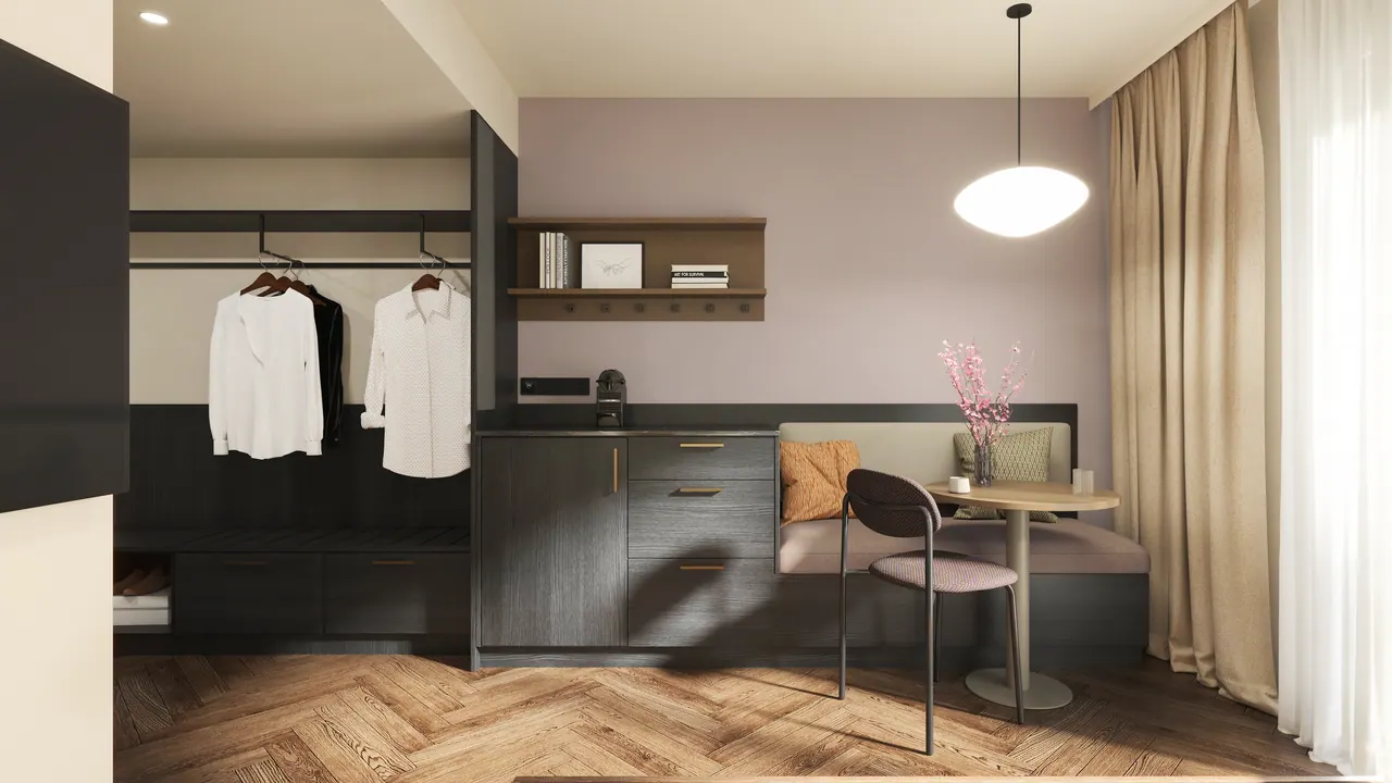 Hotel: Gemeinschaftsküche, Zimmer und Bad — Zimmer, 3D-Visualisierung