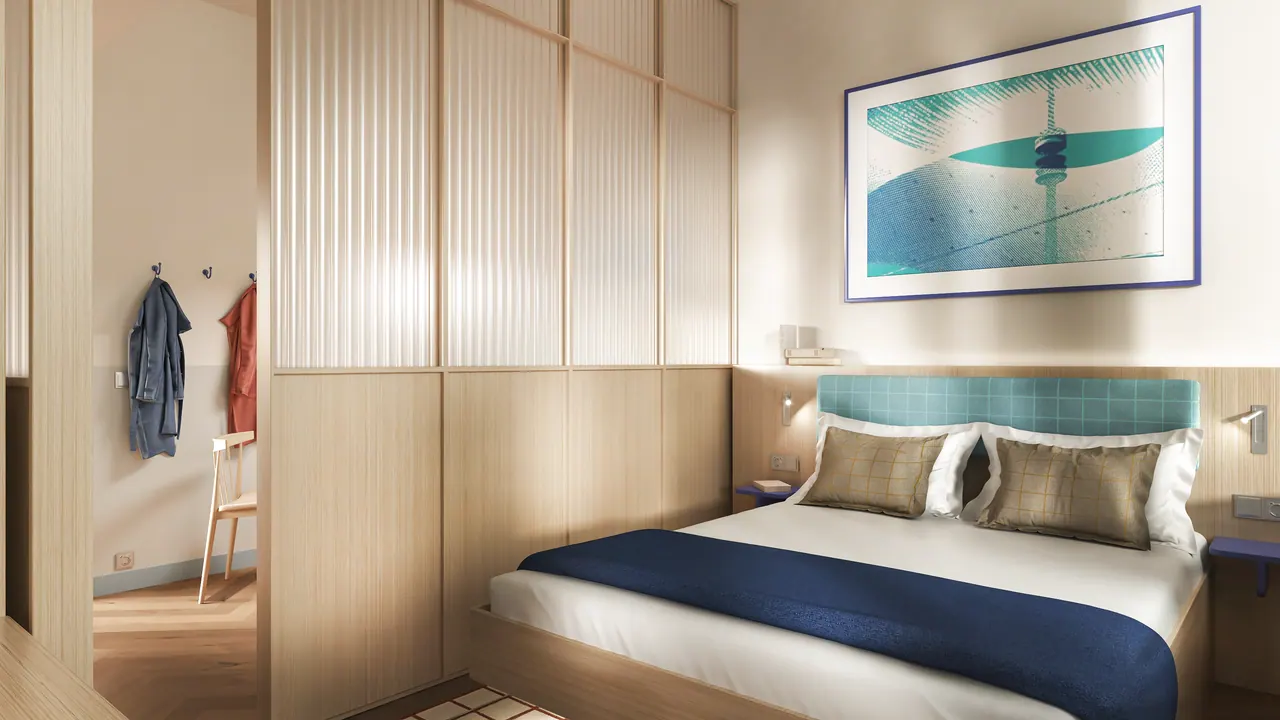 Hotelzimmer mit Sitznische — Ansicht, 3D-Visualisierung