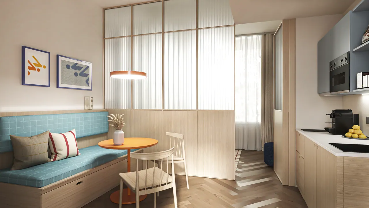 Hotelzimmer mit Sitznische — Ansicht, 3D-Visualisierung