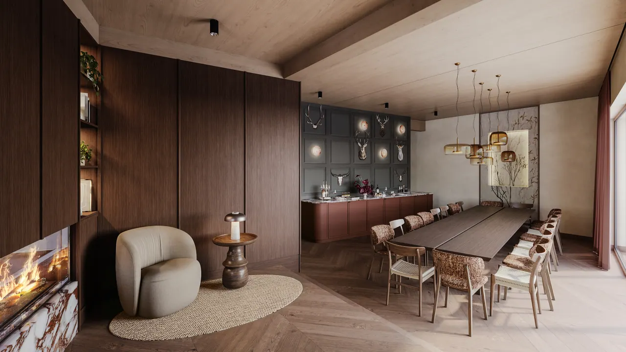 Lodge-Hotel — Essbereich, 3D-Visualisierung