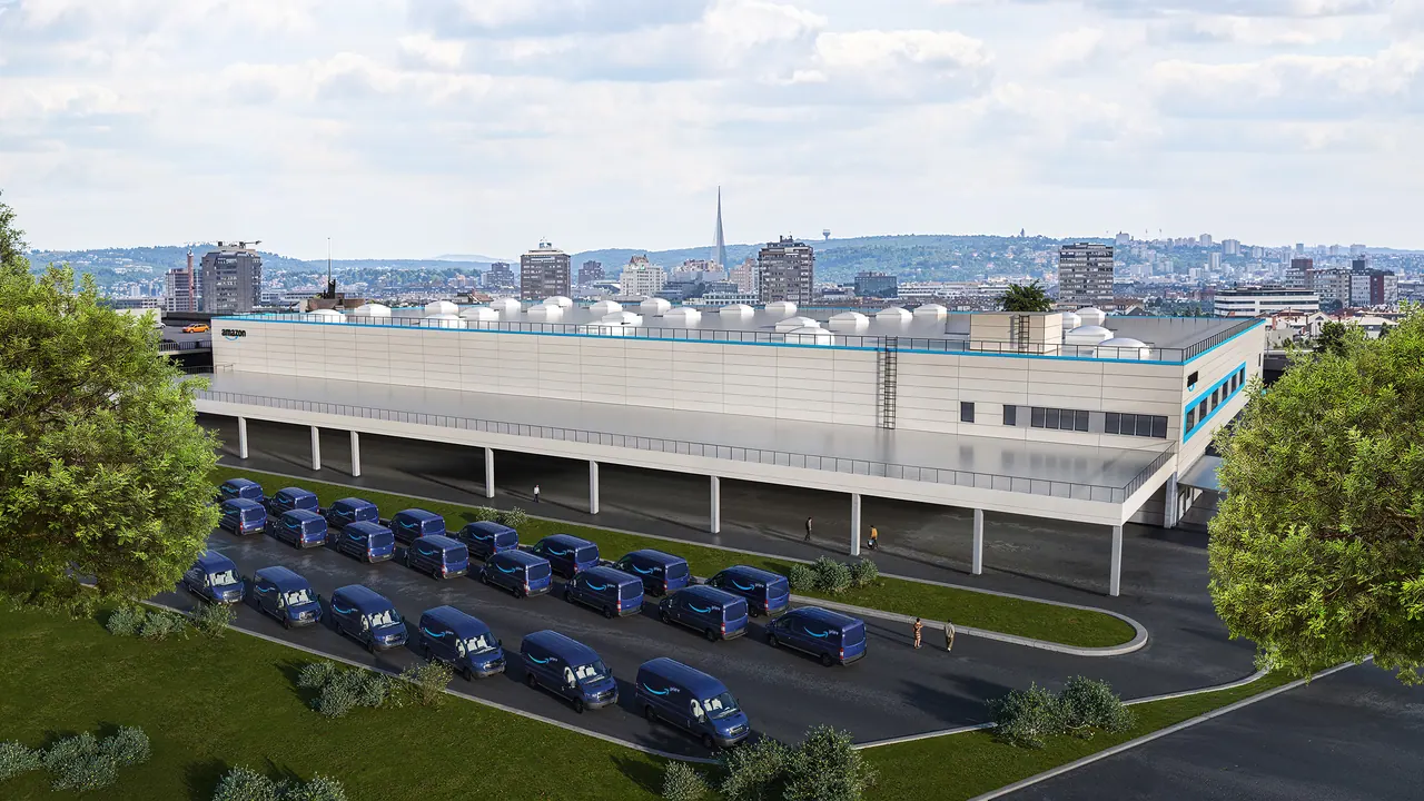 Logistikzentrum aus der Vogelperspektive — Ansicht, 3D-Visualisierung