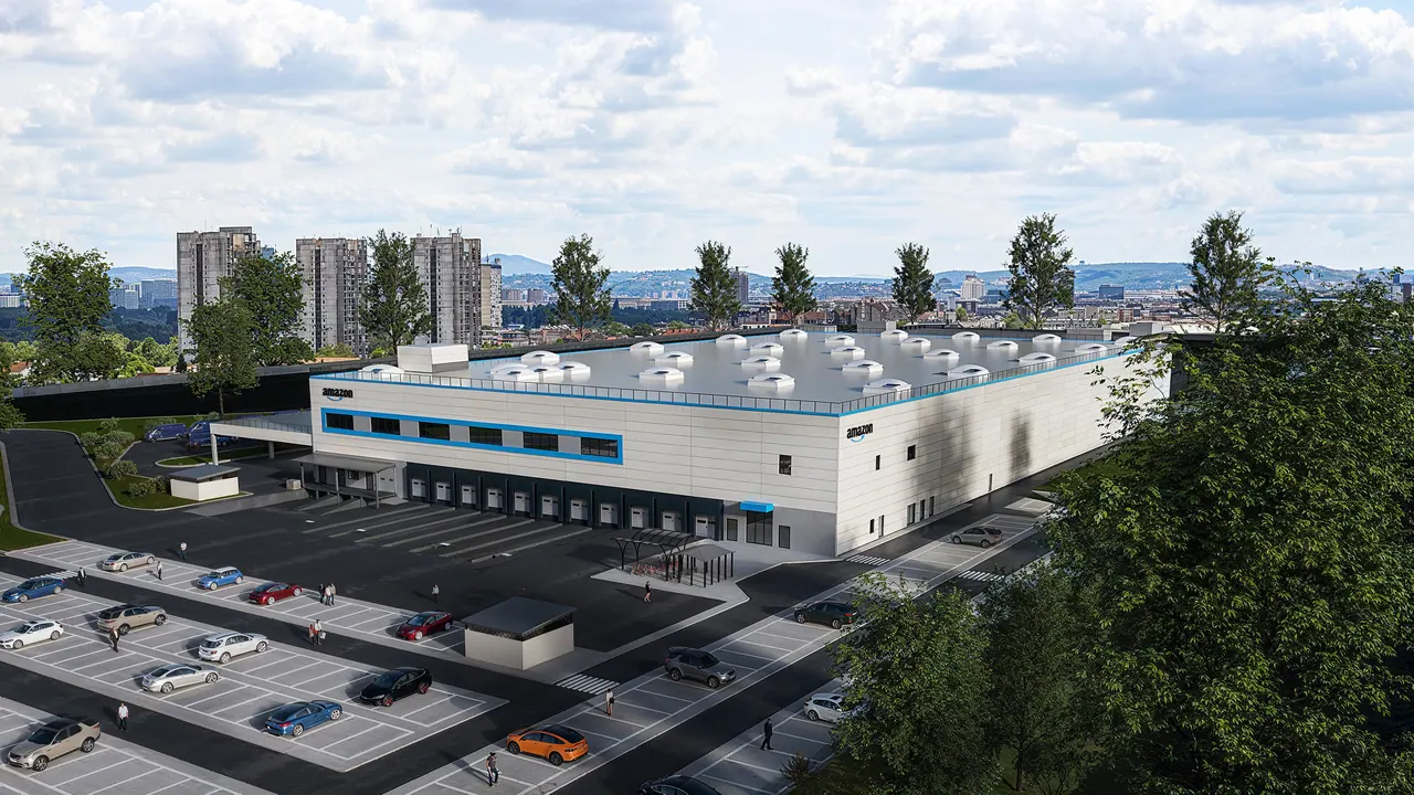 Logistikzentrum aus der Vogelperspektive — Ansicht, 3D-Visualisierung