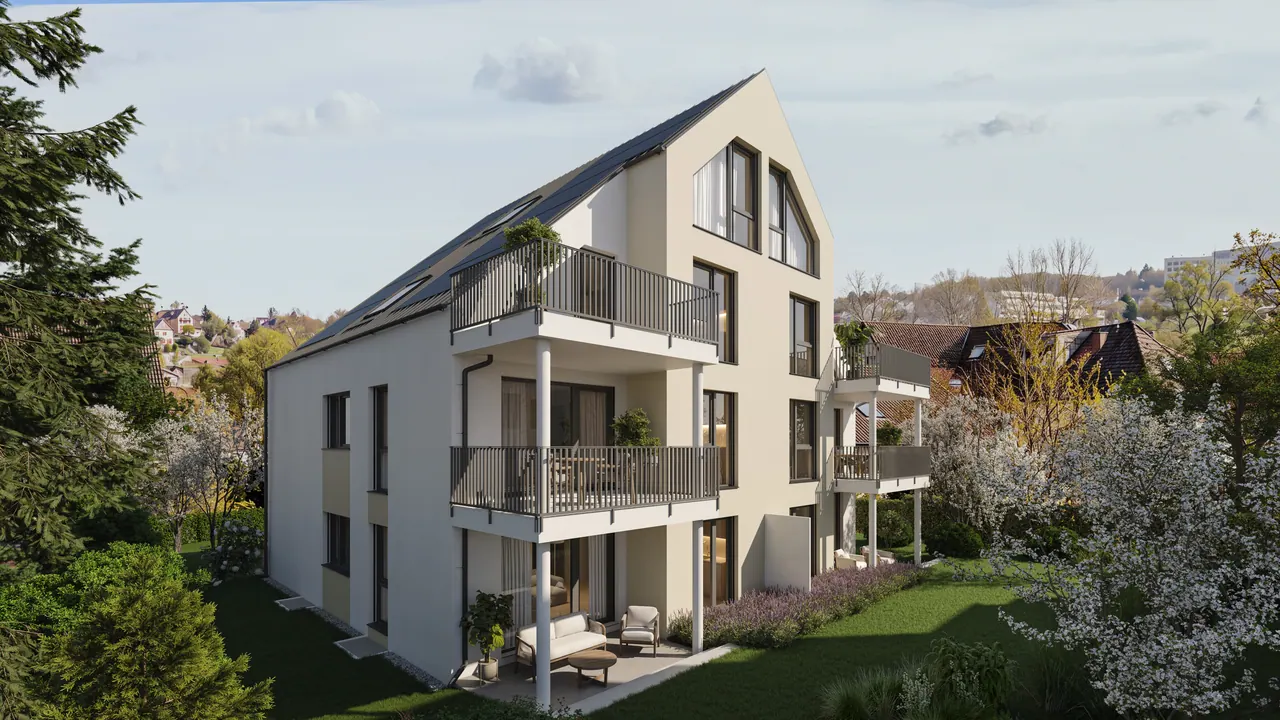 Mehrfamilienhaus mit Dachwohnung — Aussenansicht, 3D-Visualisierung