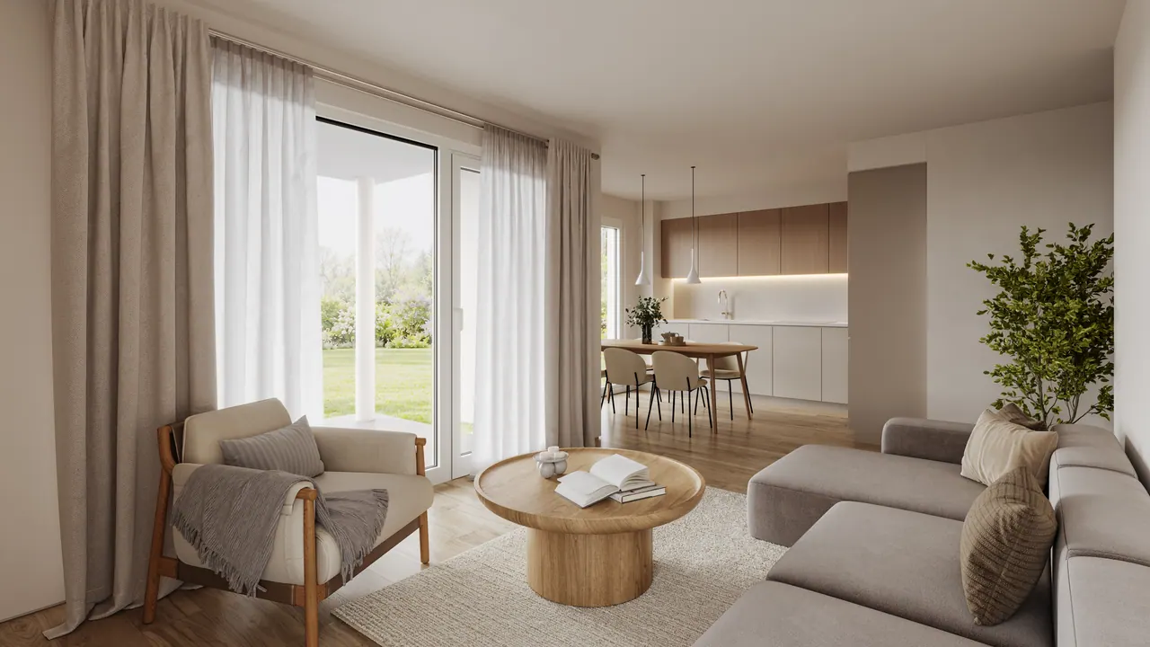 Mehrfamilienhaus mit Dachwohnung — Wohn- und Loungebereich, 3D-Visualisierung