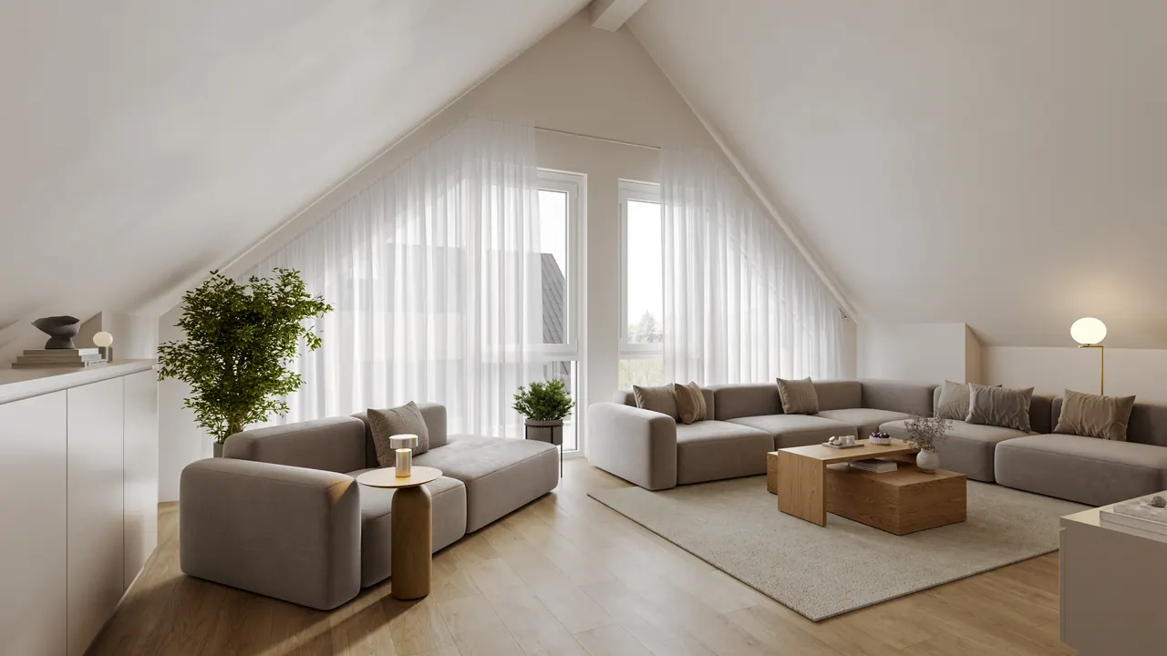 Mehrfamilienhaus mit Dachwohnung — Dachgeschoss-Wohnzimmer, 3D-Visualisierung