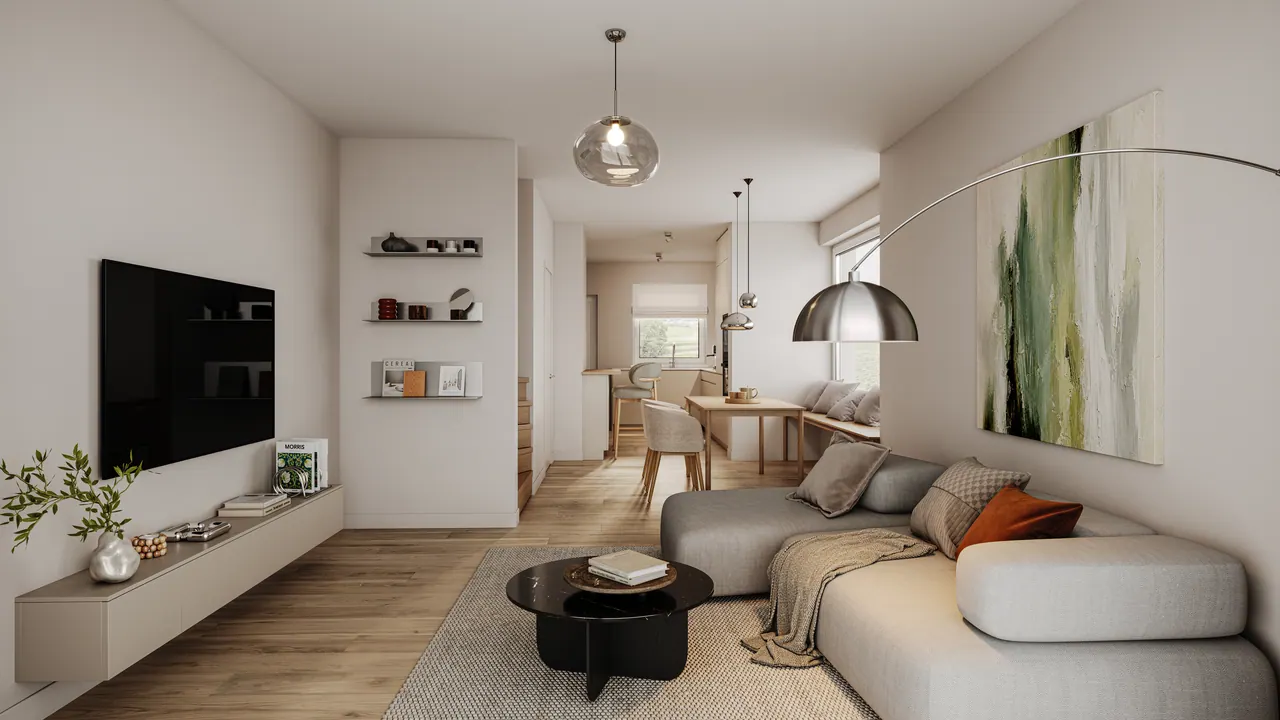 Reihenhäuser — Wohn- und Loungebereich, 3D-Visualisierung