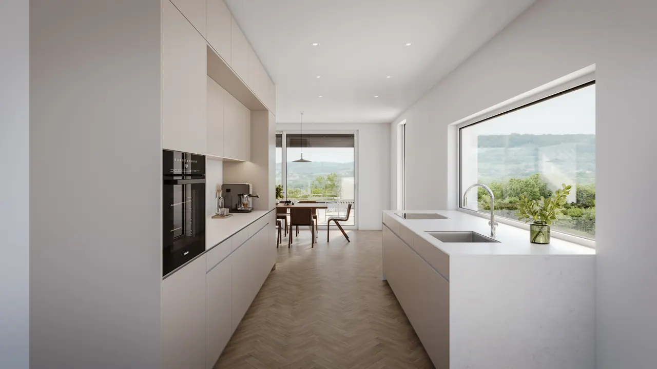 Terrassenhäuser mit Weitblick — Wohn- und Loungebereich, 3D-Visualisierung