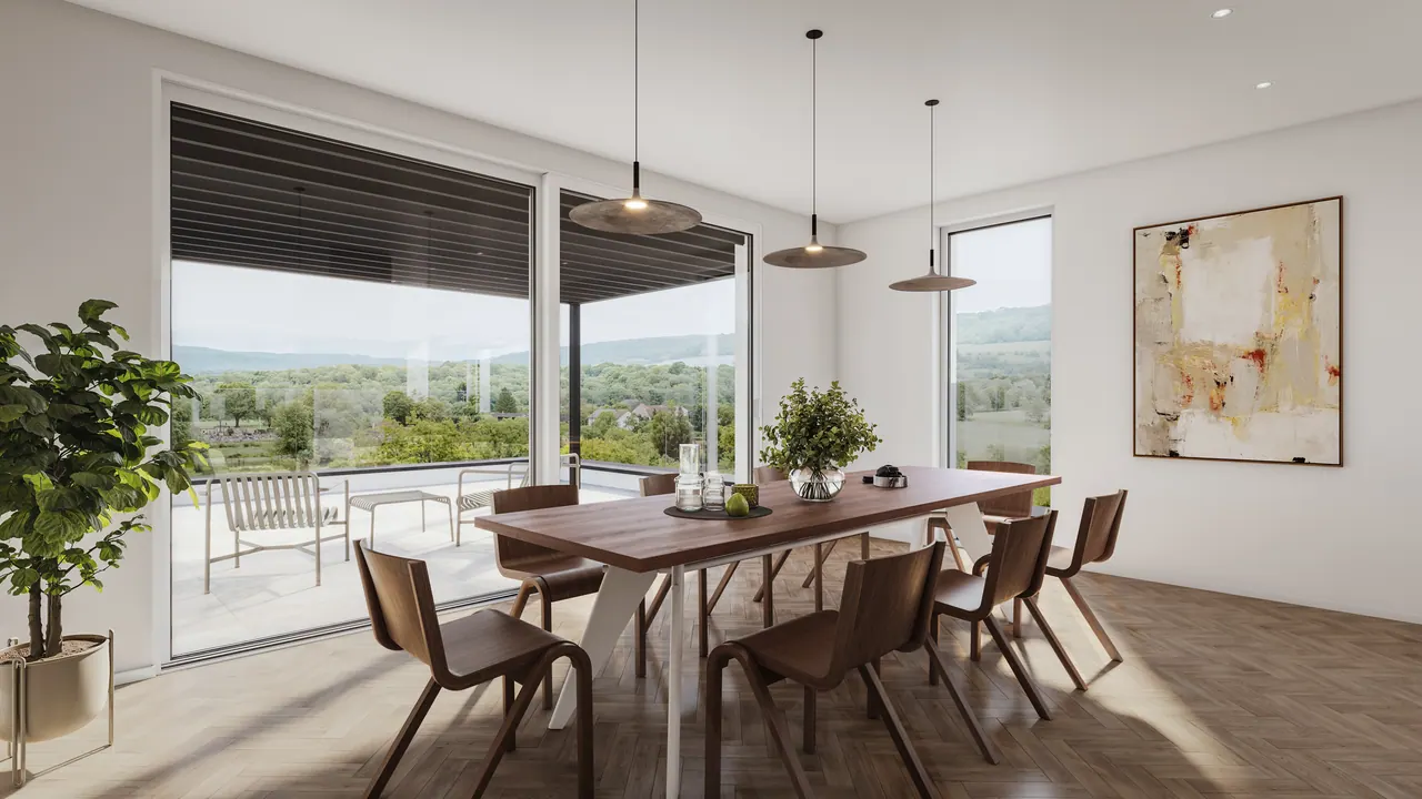 Terrassenhäuser mit Weitblick — Essbereich, 3D-Visualisierung