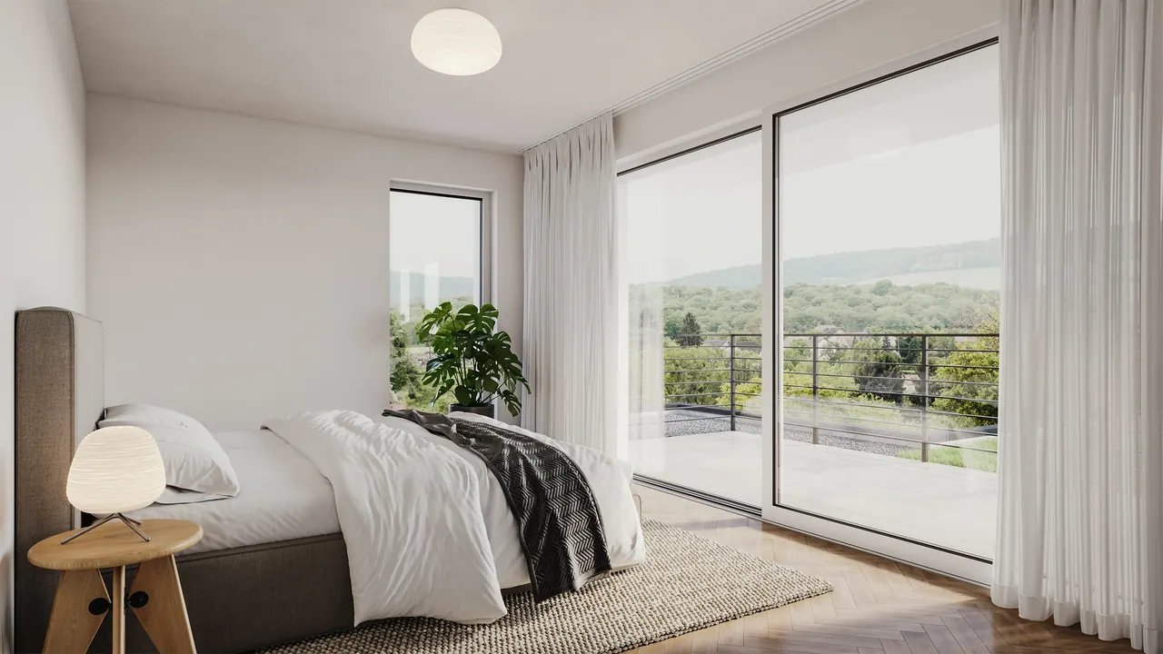 Villa am Hang — Schlafzimmer, 3D-Visualisierung